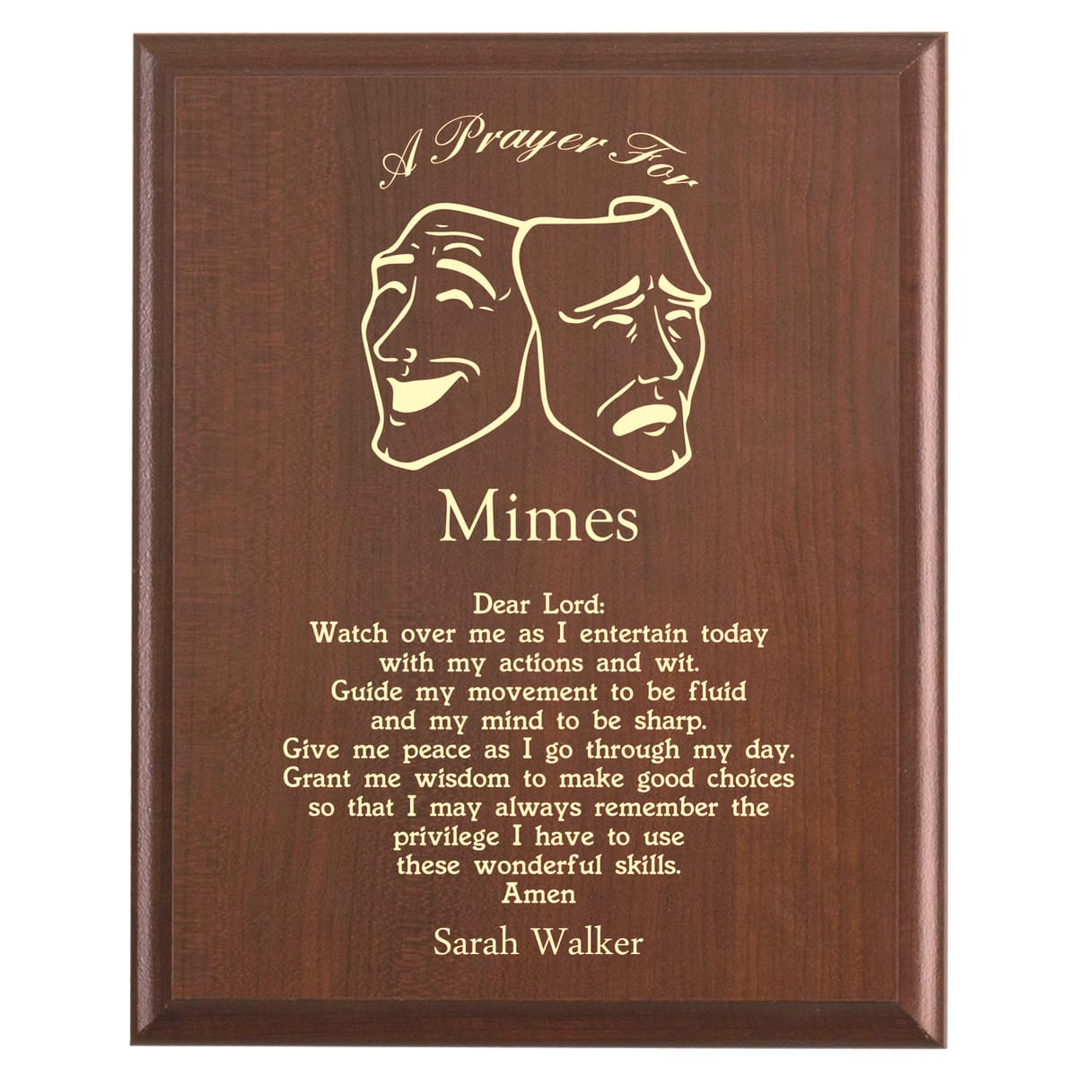 Plaque photo: Mime Prayer Plaque design with free personalization. Wood style finish with customized text.