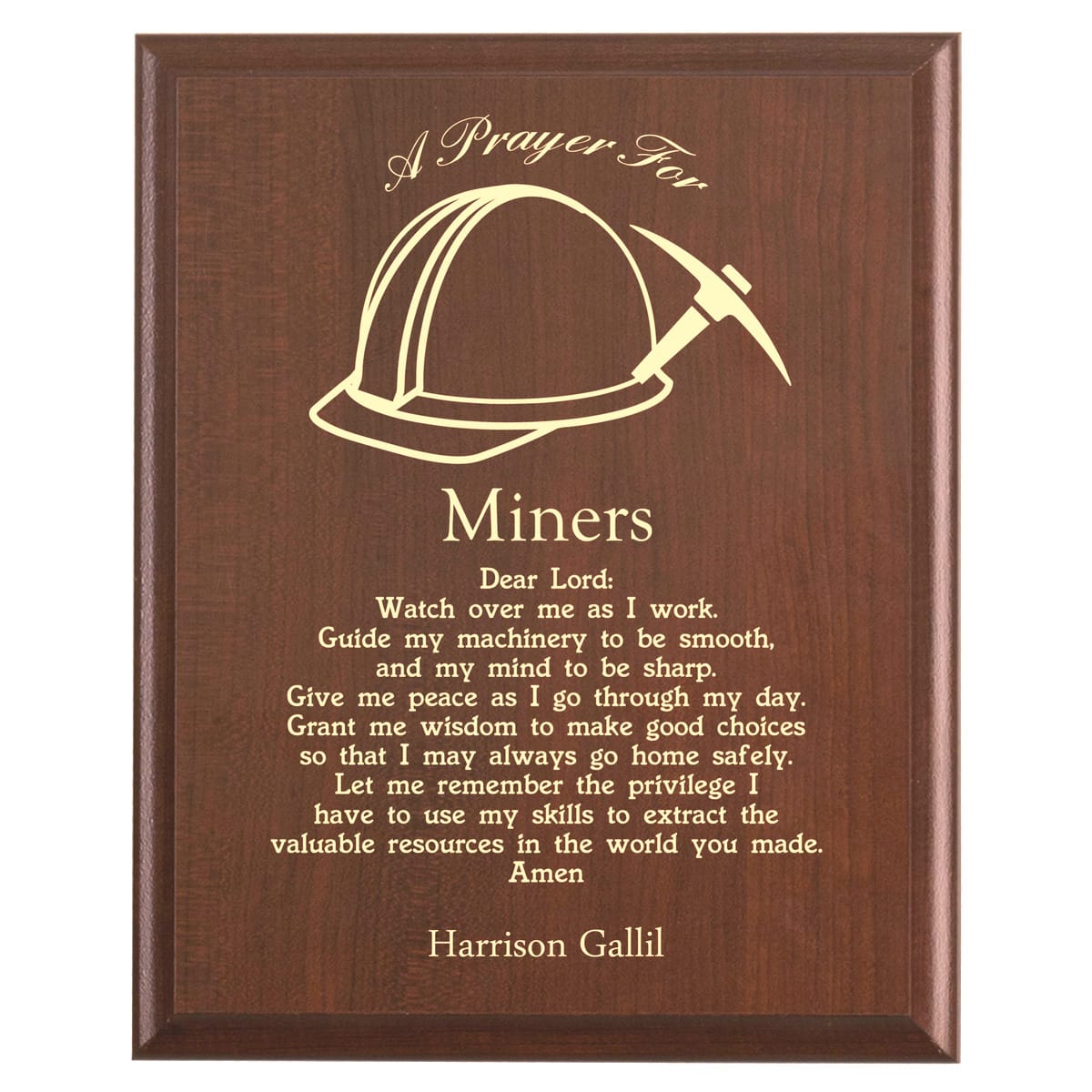 Plaque photo: Miner Prayer Plaque design with free personalization. Wood style finish with customized text.