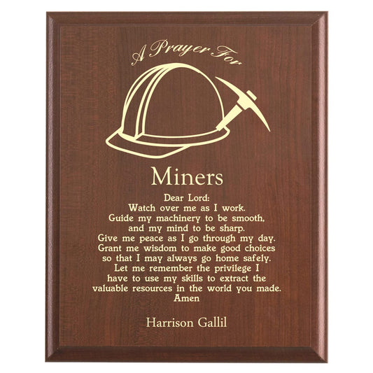 Plaque photo: Miner Prayer Plaque design with free personalization. Wood style finish with customized text.