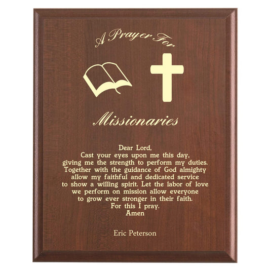 Plaque photo: Missionary Prayer Plaque design with free personalization. Wood style finish with customized text.