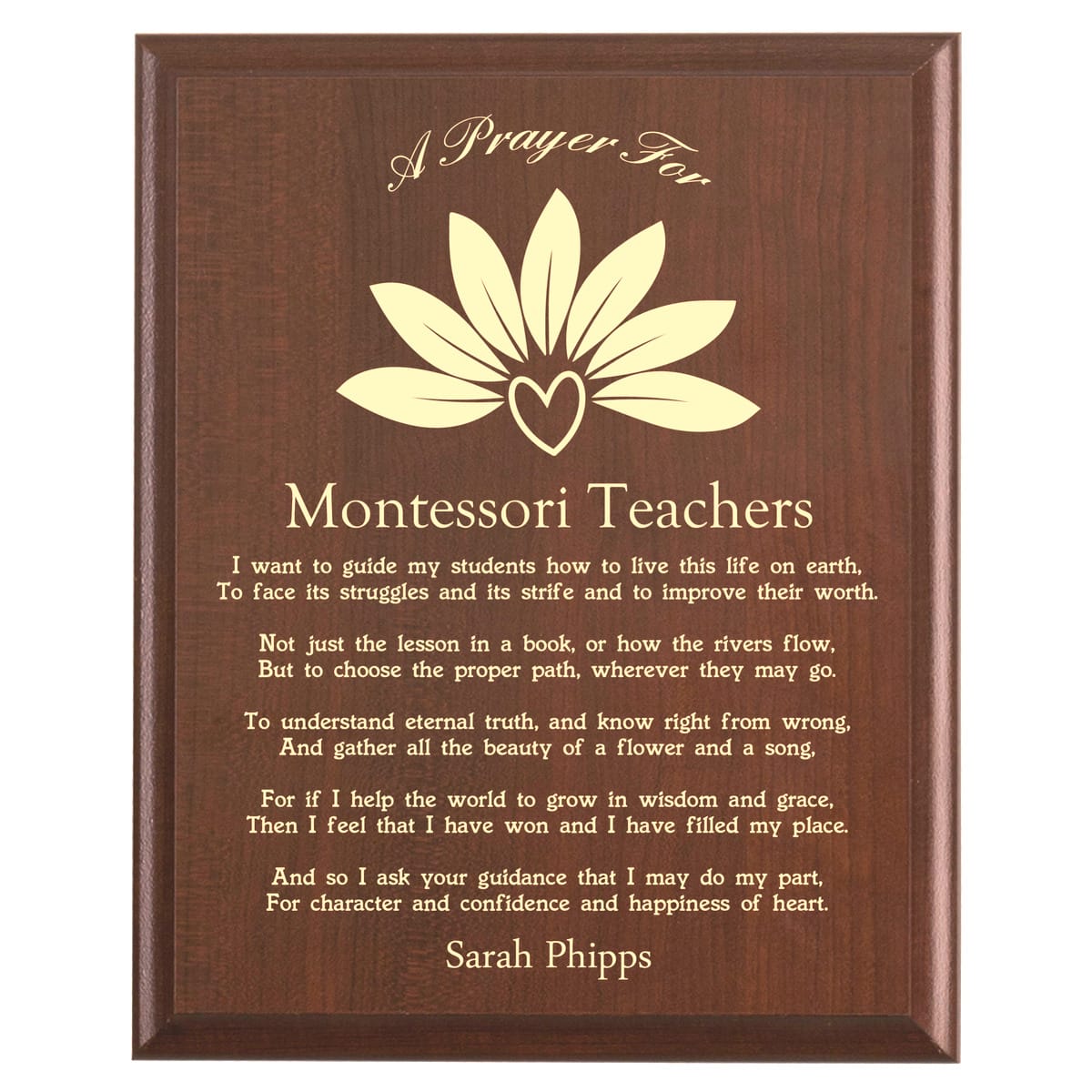 Plaque photo: Montessori Guide Prayer Plaque design with free personalization. Wood style finish with customized text.