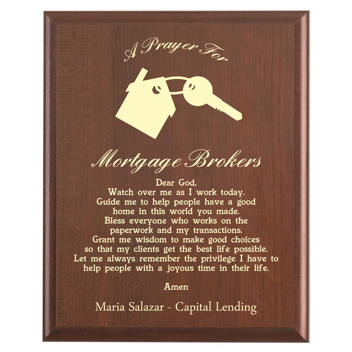 Plaque photo: Mortgage Broker Prayer Plaque design with free personalization. Wood style finish with customized text.