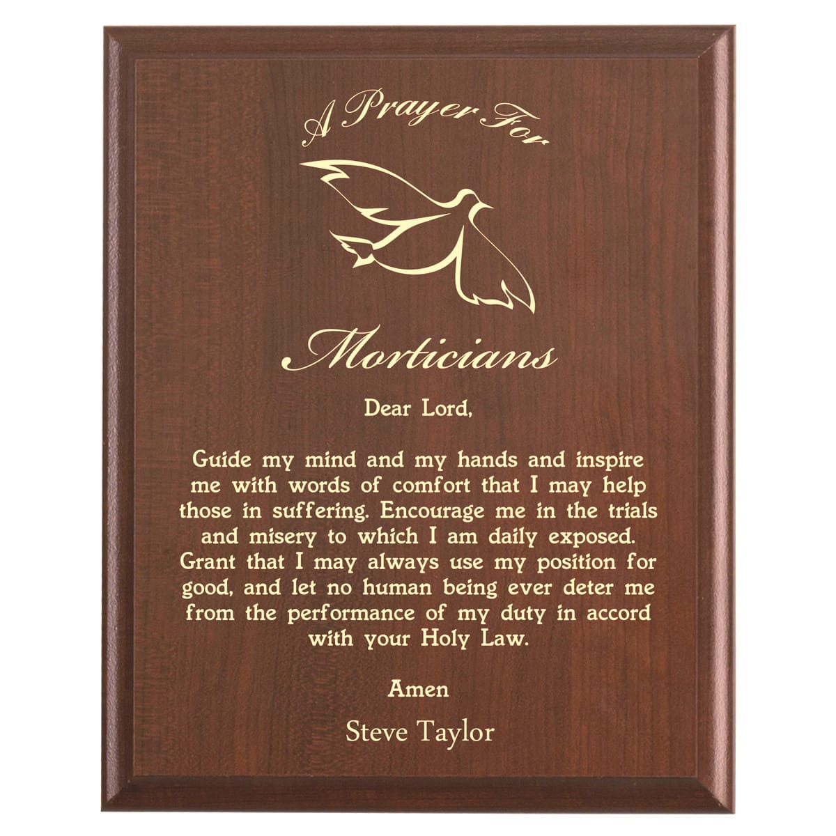 Plaque photo: Morticians Prayer Plaque design with free personalization. Wood style finish with customized text.
