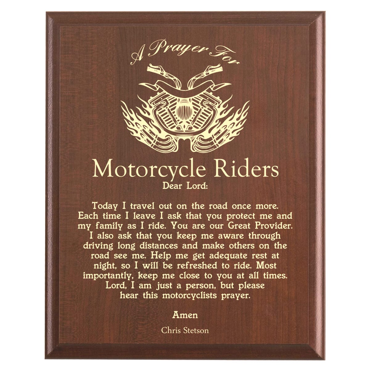Plaque photo: Motorcycle Rider Prayer Plaque design with free personalization. Wood style finish with customized text.