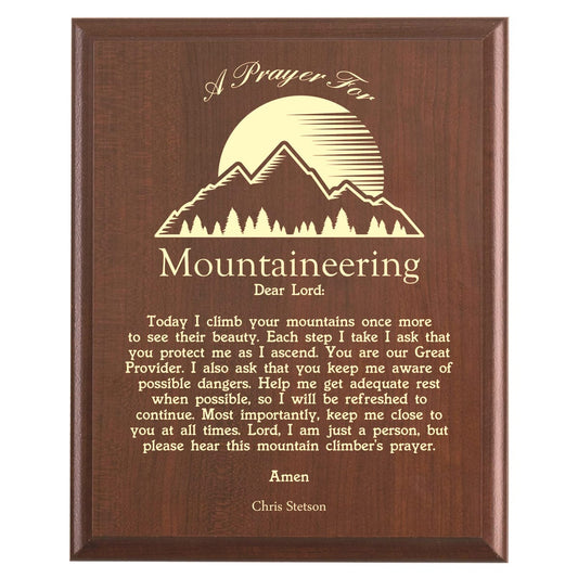 Plaque photo: Mountaineering Prayer Plaque design with free personalization. Wood style finish with customized text.