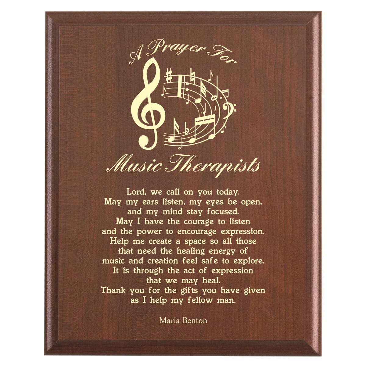Plaque photo: Music Therapist Prayer Plaque design with free personalization. Wood style finish with customized text.