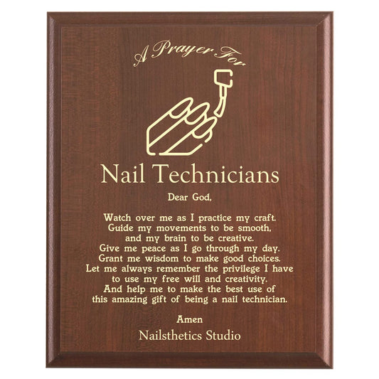 Plaque photo: Nail Technician Prayer Plaque design with free personalization. Wood style finish with customized text.
