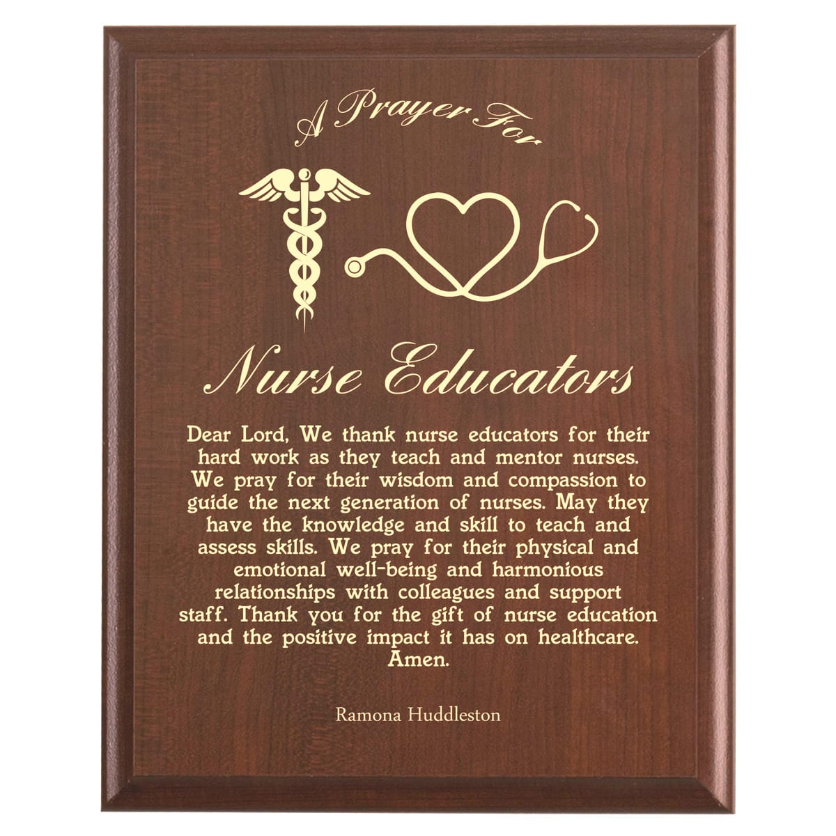 Plaque photo: Nurse Educators Prayer Plaque design with free personalization. Wood style finish with customized text.