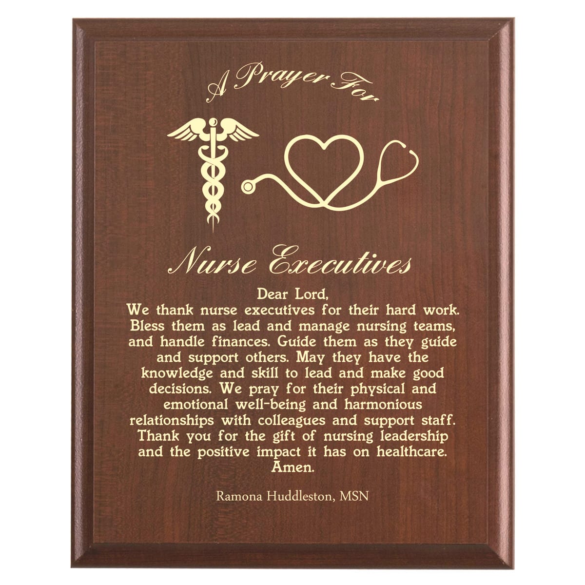 Plaque photo: Nurse Executives Prayer Plaque design with free personalization. Wood style finish with customized text.