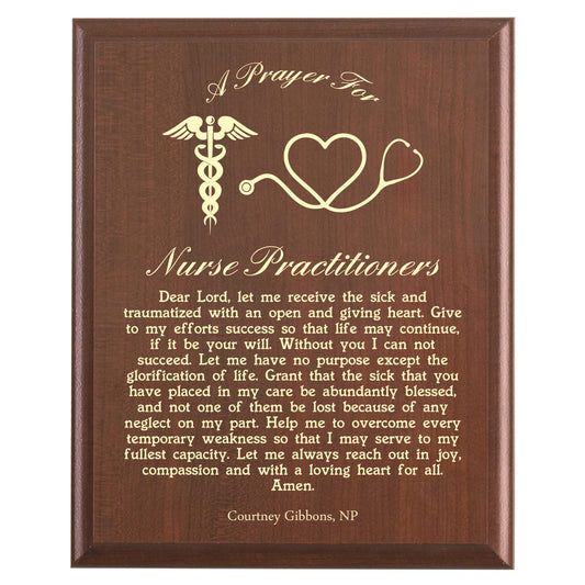 Plaque photo: Nurse Practitioner Prayer Plaque design with free personalization. Wood style finish with customized text.