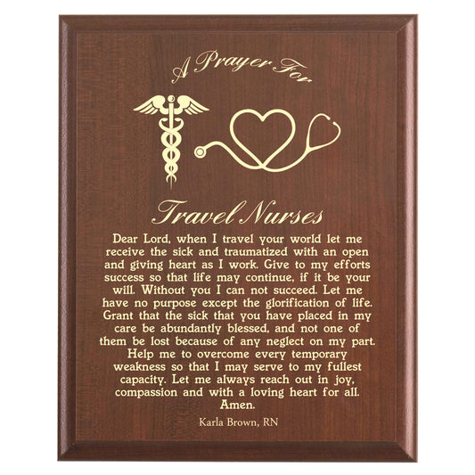 Plaque photo: Travel Nurse Prayer Plaque design with free personalization. Wood style finish with customized text.