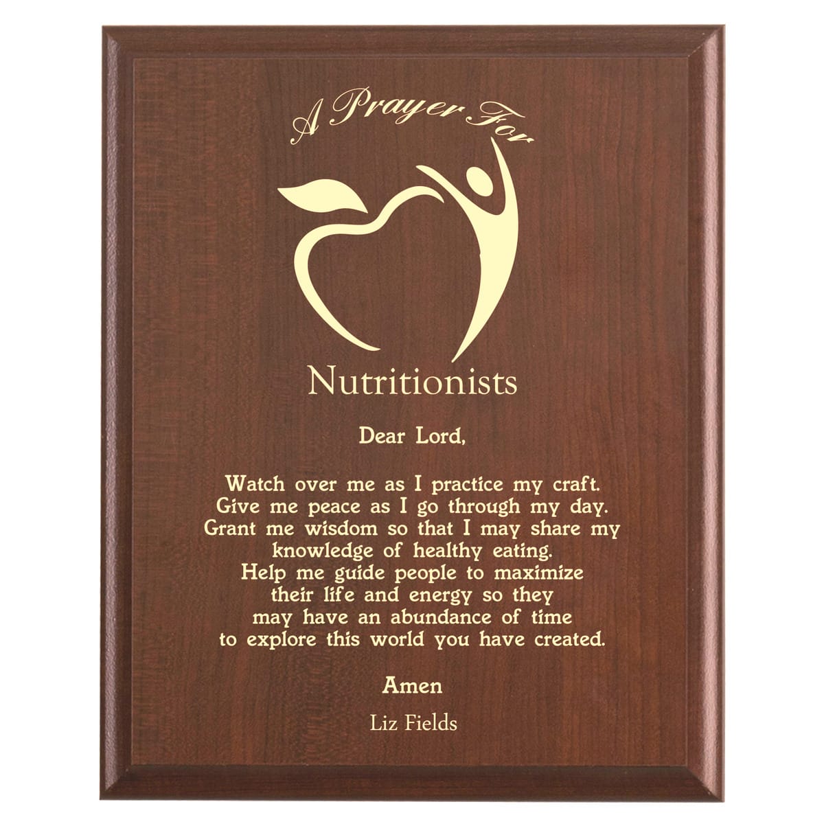 Plaque photo: Nutritionist Prayer Plaque design with free personalization. Wood style finish with customized text.
