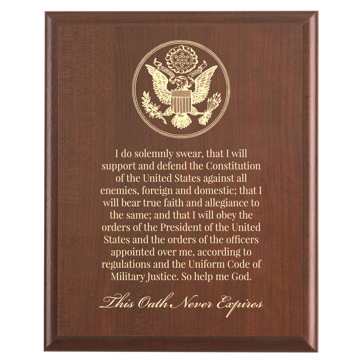 Plaque photo: Oath of Enlistment Military Plaque design with free personalization. Wood style finish with customized text.