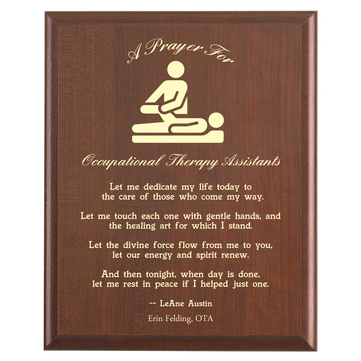 Plaque photo: Occupational Therapist Assistant Prayer Plaque design with free personalization. Wood style finish with customized text.