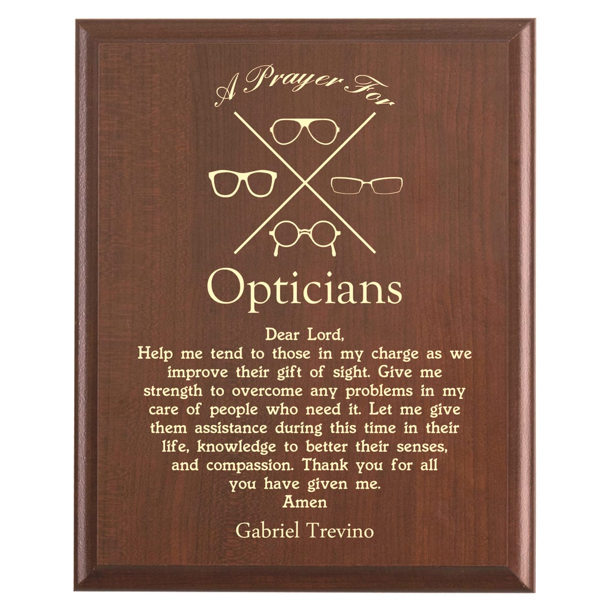 Plaque photo: Optician Prayer Plaque design with free personalization. Wood style finish with customized text.