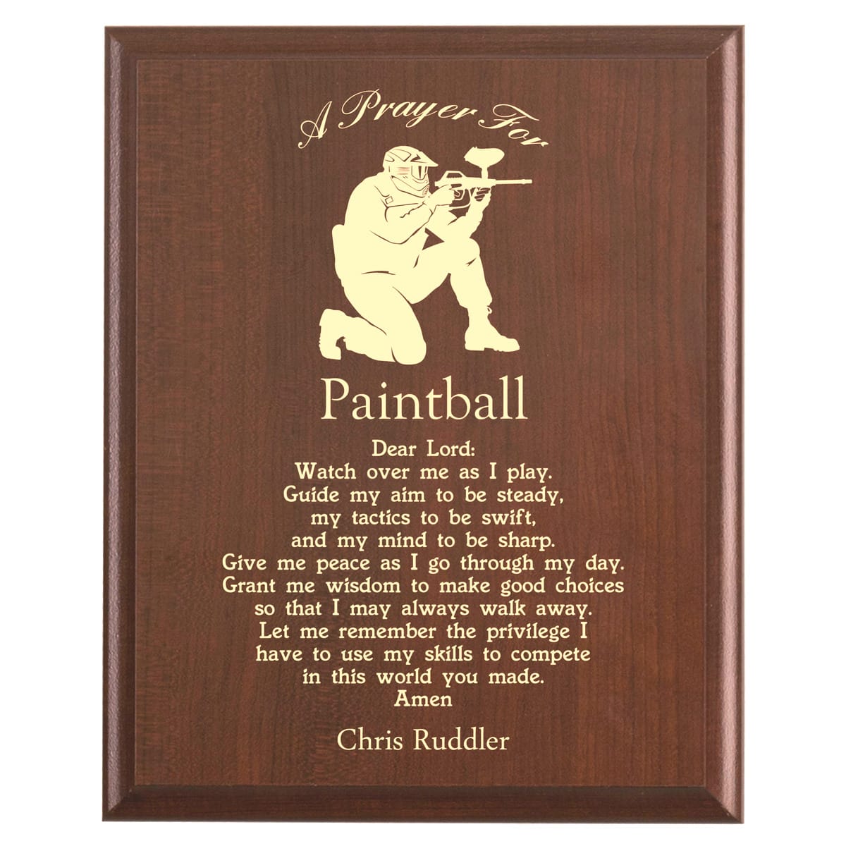 Plaque photo: Paintball Prayer Plaque design with free personalization. Wood style finish with customized text.