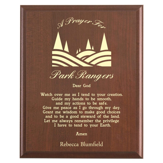 Plaque photo: Park Ranger Prayer Plaque design with free personalization. Wood style finish with customized text.