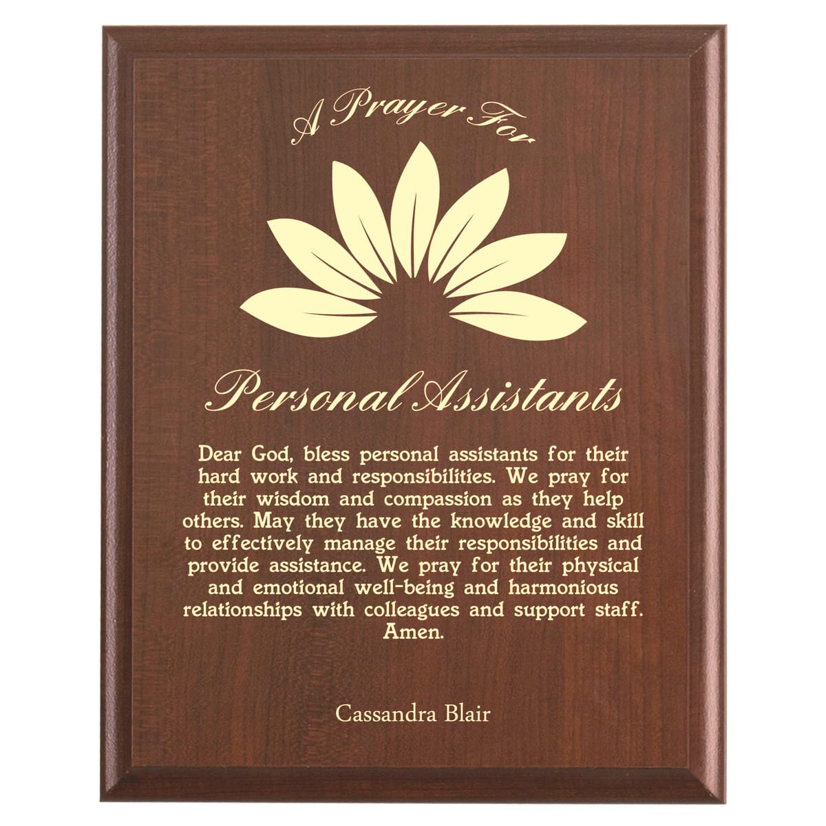 Plaque photo: Personal Assistant Prayer Plaque design with free personalization. Wood style finish with customized text.