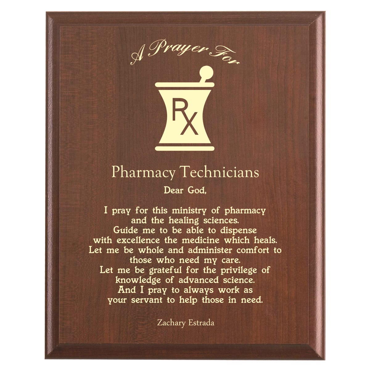 Plaque photo: Pharmacy Technician Plaque design with free personalization. Wood style finish with customized text.