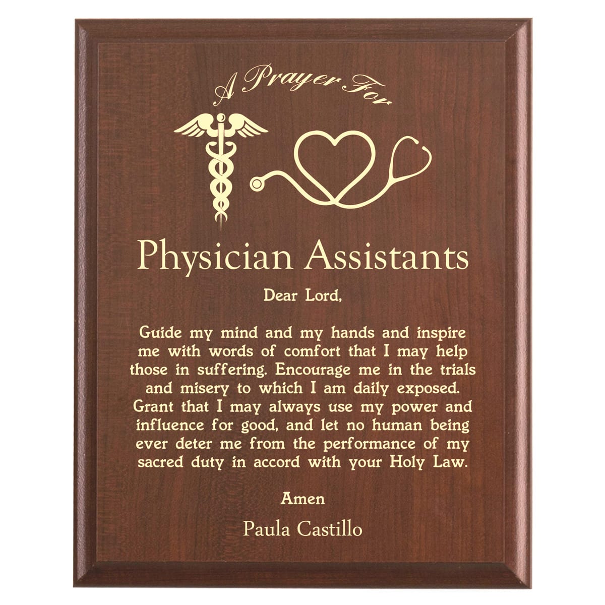 Plaque photo: Physician Assistant Prayer Plaque design with free personalization. Wood style finish with customized text.