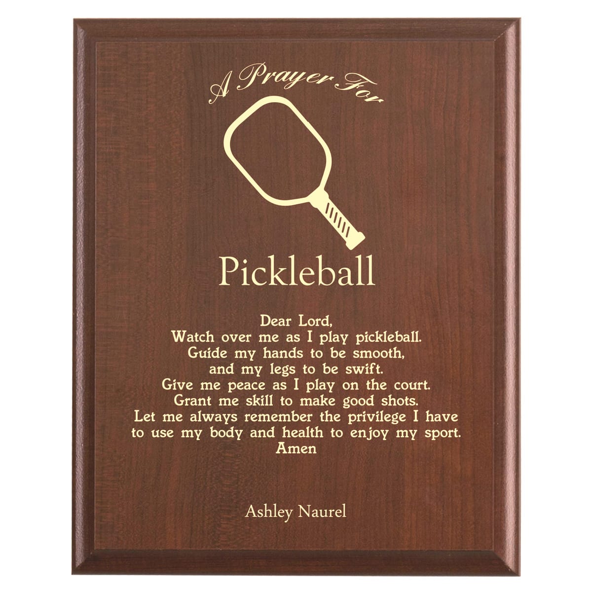 Plaque photo: Pickleball Prayer Plaque design with free personalization. Wood style finish with customized text.
