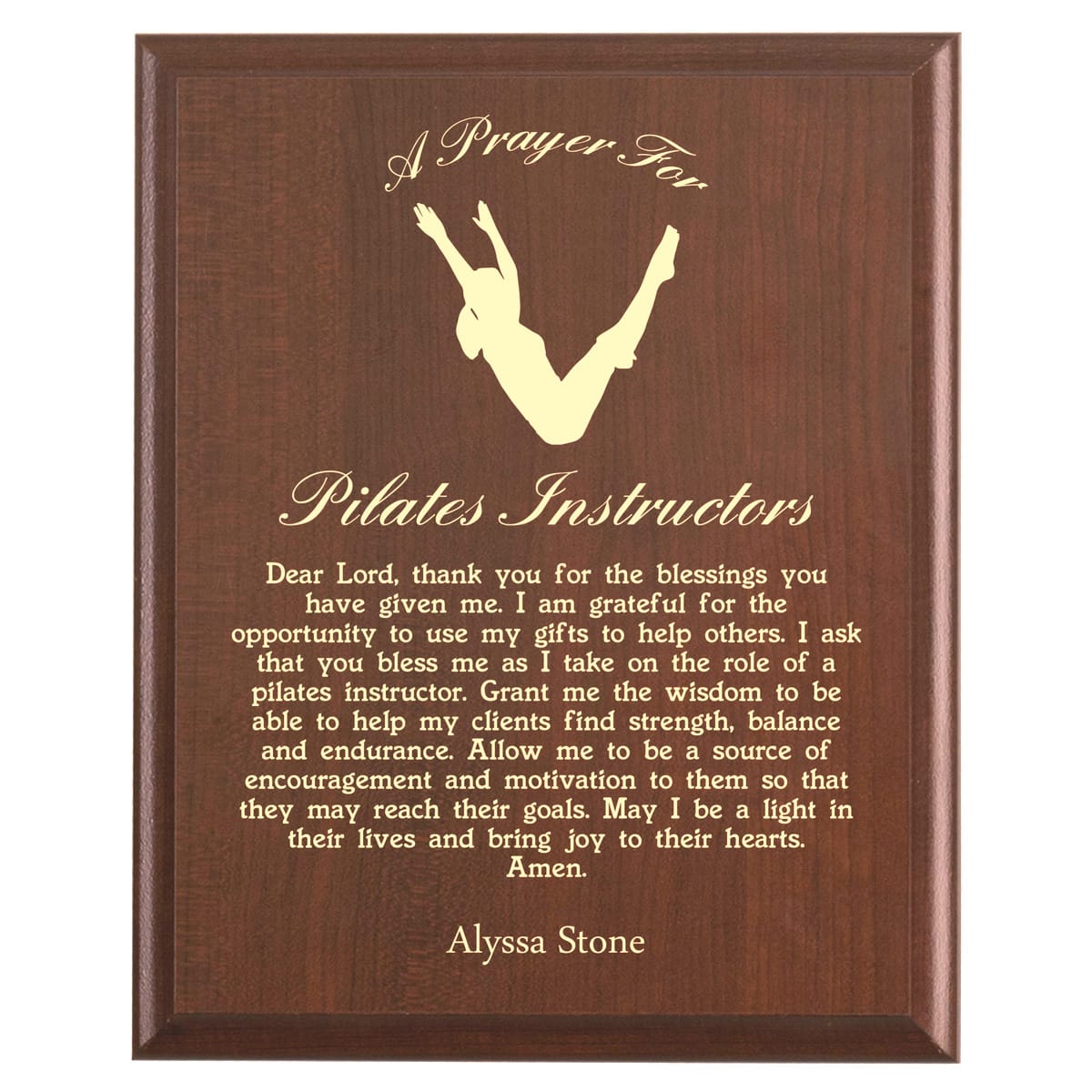 Plaque photo: Pilates Instructor Prayer Plaque design with free personalization. Wood style finish with customized text.
