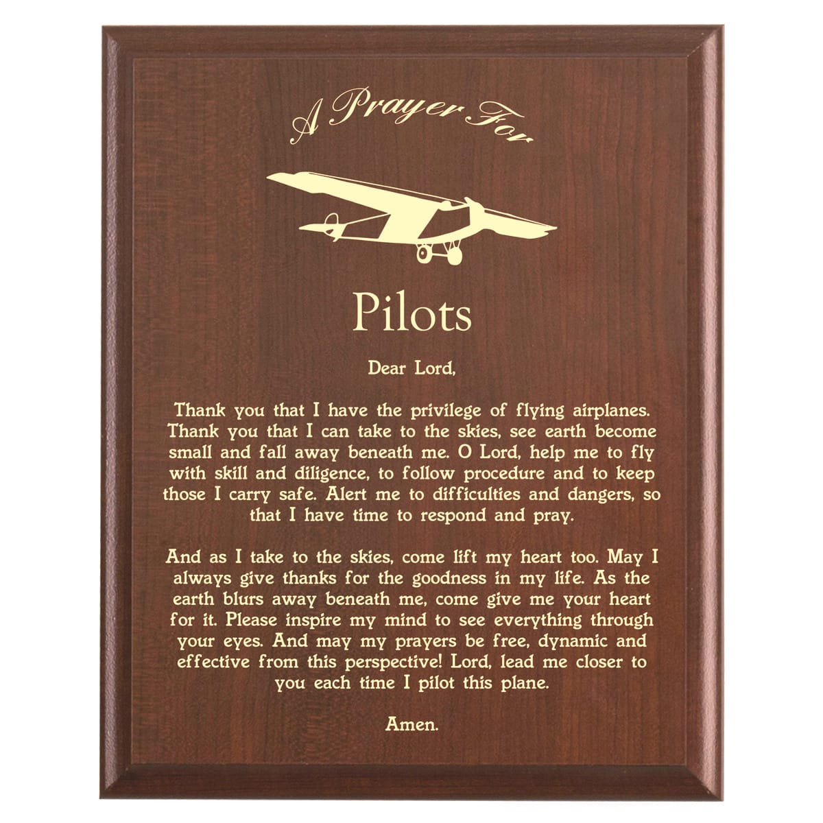 Plaque photo: Designed for Pilots with free personalization. Wood style finish with customized text.