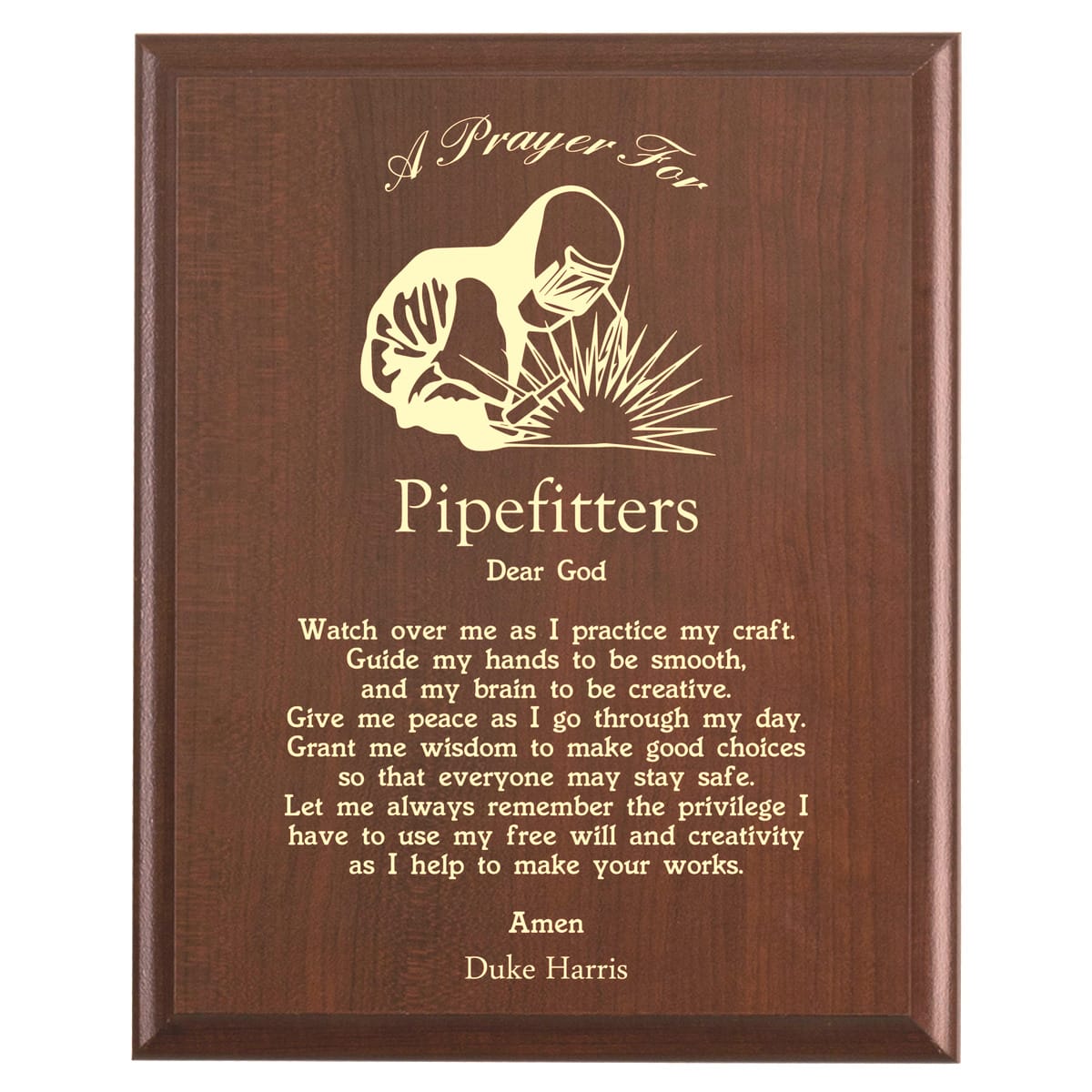 Plaque photo: Pipefitter  Prayer Plaque design with free personalization. Wood style finish with customized text.