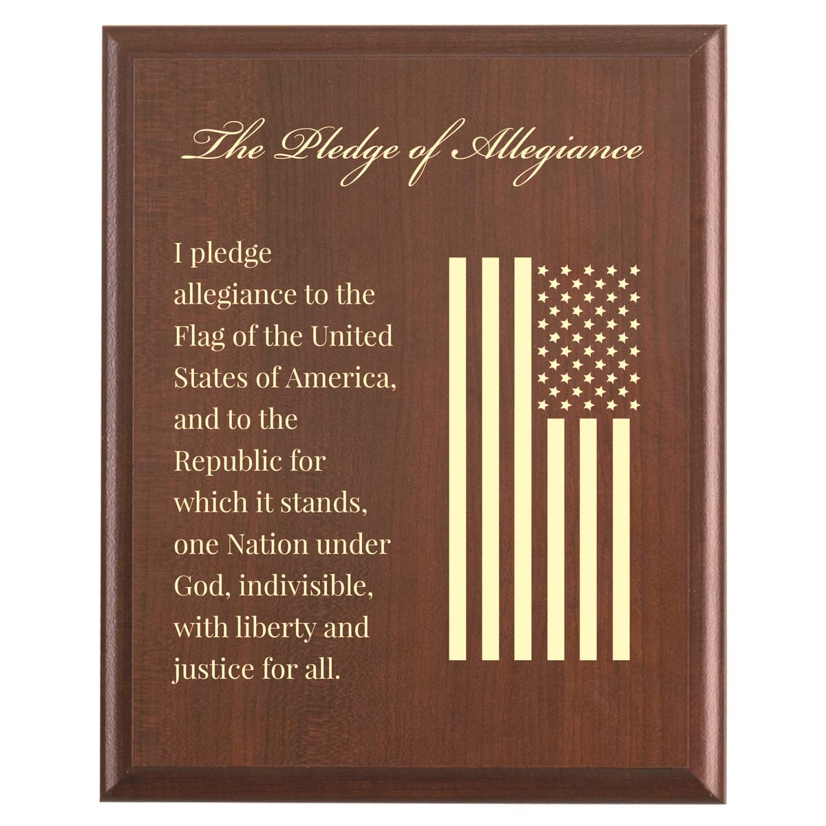 Plaque photo: The Pledge of Allegiance American Flag Plaque design with free personalization. Wood style finish with customized text.