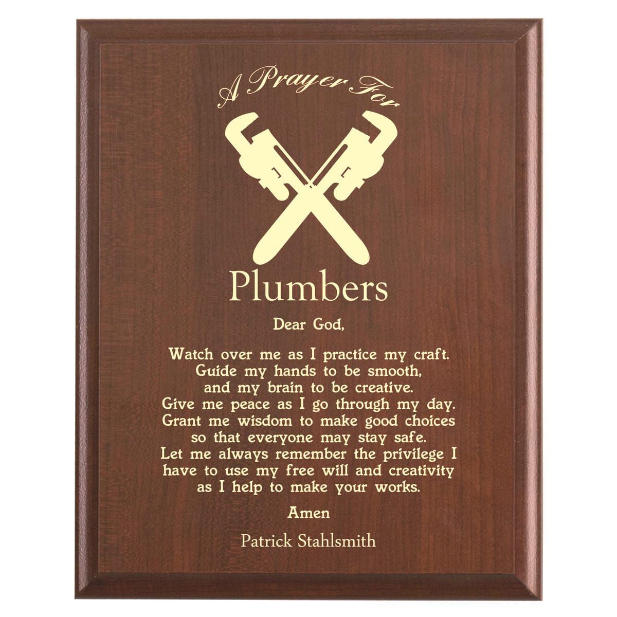 Plaque photo: Plumber Prayer Plaque design with free personalization. Wood style finish with customized text.