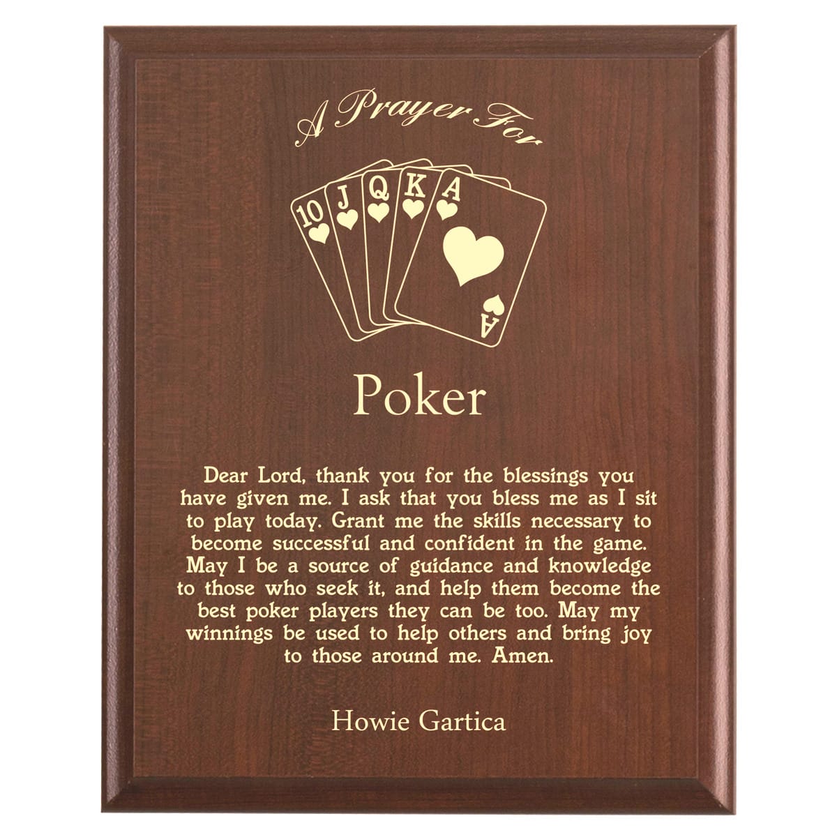 Plaque photo: Poker Prayer Plaque design with free personalization. Wood style finish with customized text.