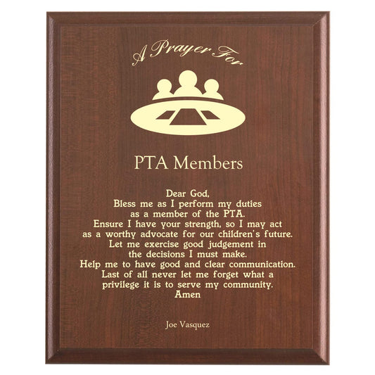 Plaque photo: PTA Member Prayer Plaque design with free personalization. Wood style finish with customized text.
