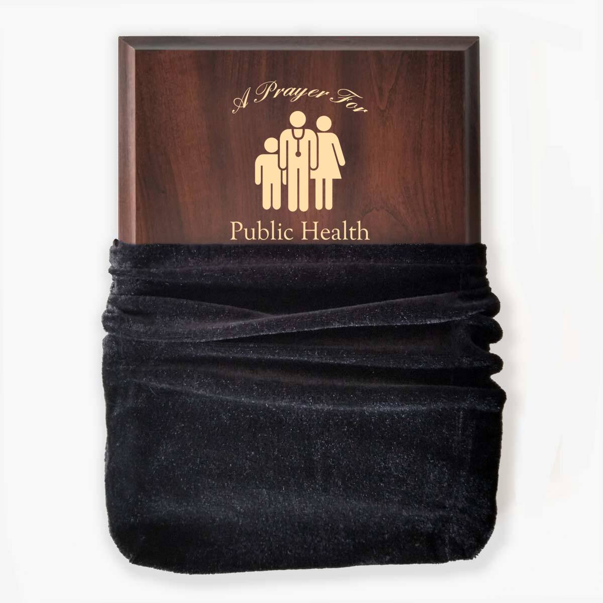 Photo of plaque inside the optional velvet gift bag, showing some of the printed design.