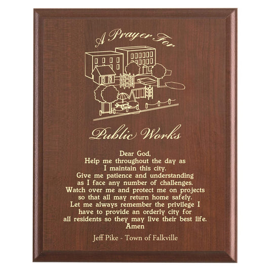 Plaque photo: Public Works Prayer Plaque design with free personalization. Wood style finish with customized text.