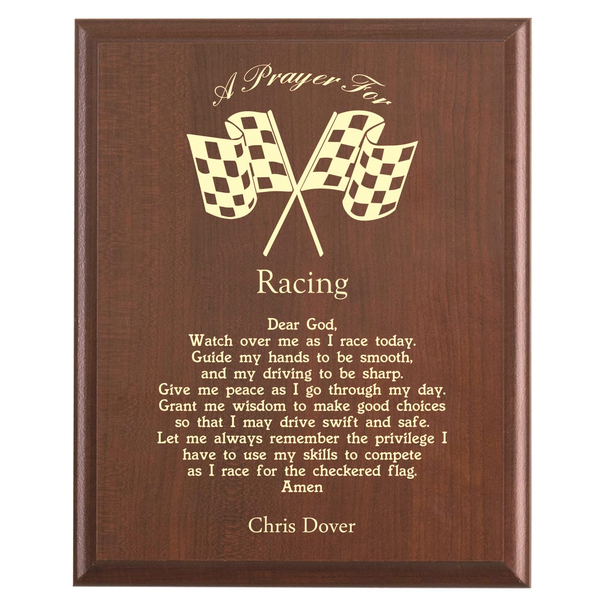 Plaque photo: Car Racing Prayer Plaque design with free personalization. Wood style finish with customized text.