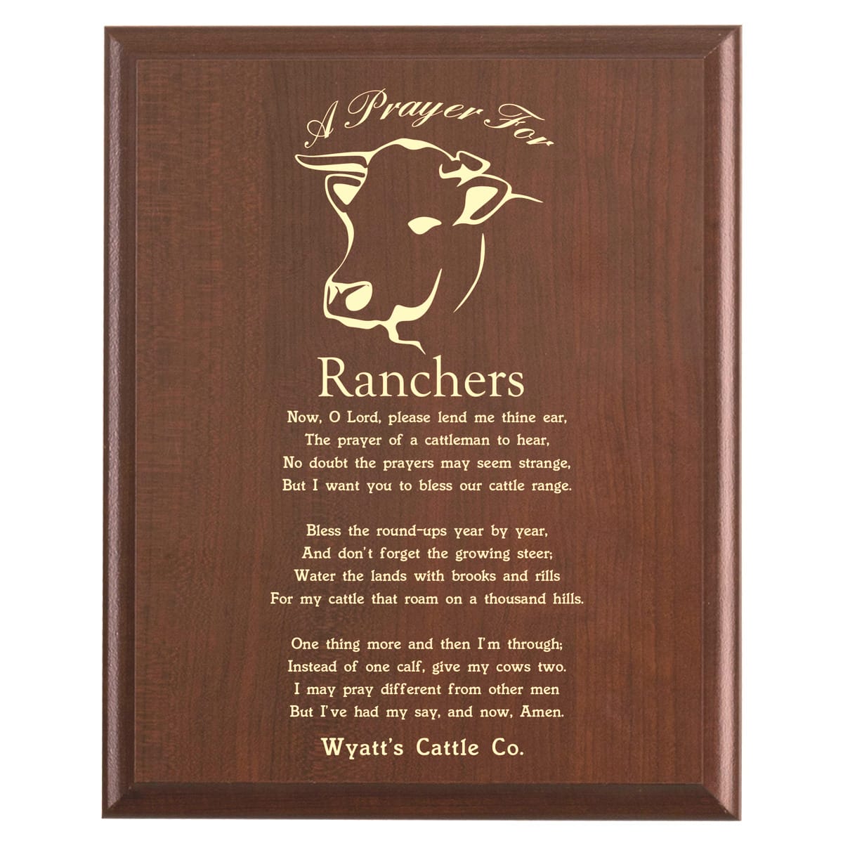Plaque photo: Rancher's Prayer Plaque design with free personalization. Wood style finish with customized text.