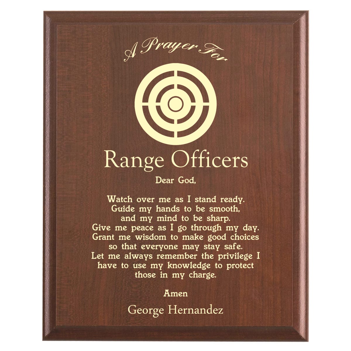Plaque photo: Range Office Plaque design with free personalization. Wood style finish with customized text.