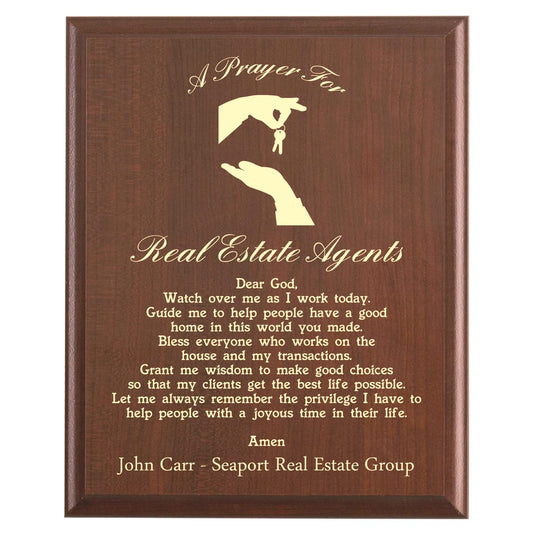 Plaque photo: Real Estate Agent Prayer Plaque design with free personalization. Wood style finish with customized text.