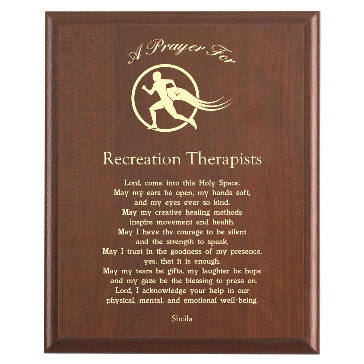 Plaque photo: Recreation Therapist Prayer Plaque design with free personalization. Wood style finish with customized text.