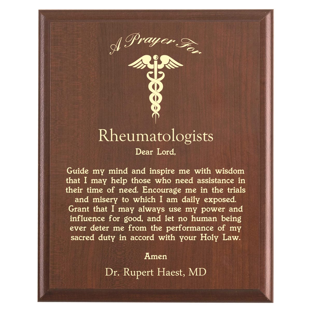 Plaque photo: Rheumatologist Prayer Plaque design with free personalization. Wood style finish with customized text.