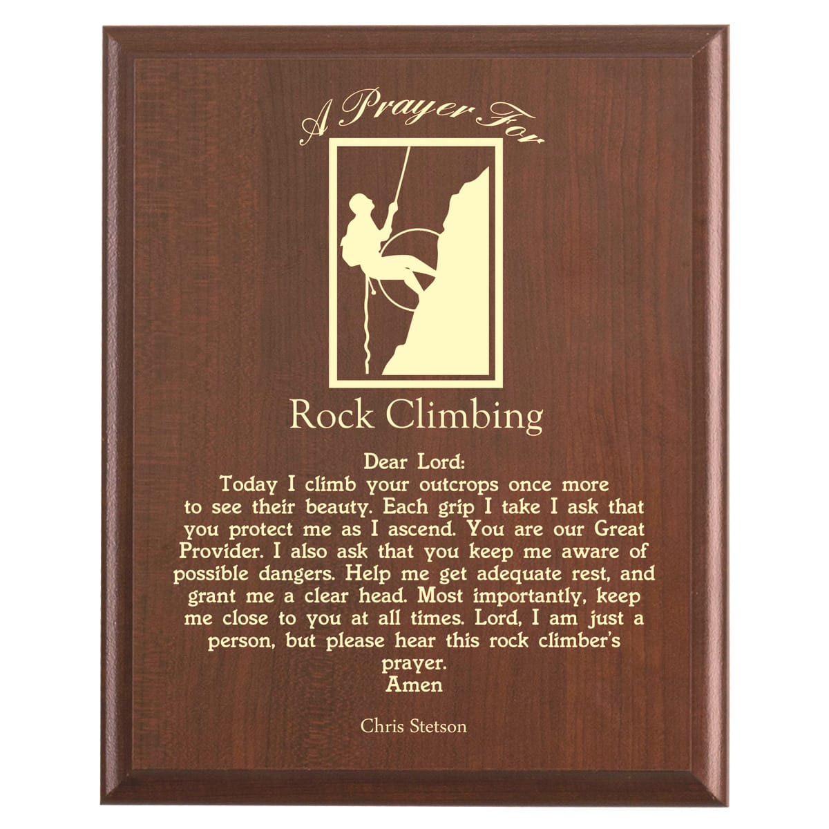 Plaque photo: Rock Climbing Prayer Plaque design with free personalization. Wood style finish with customized text.