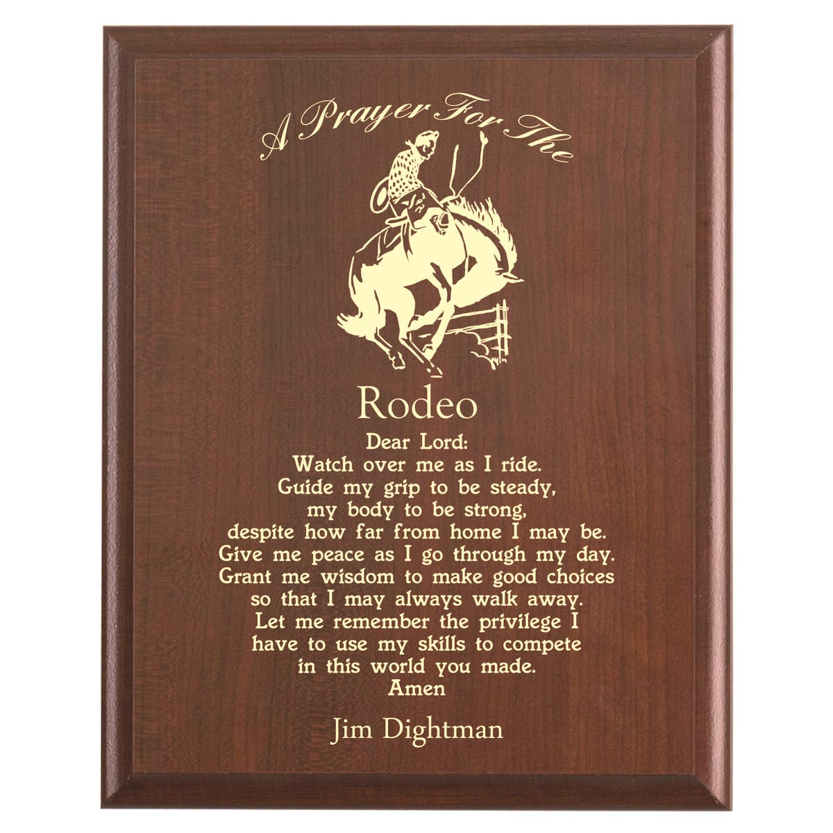 Plaque photo: Rodeo Prayer Plaque design with free personalization. Wood style finish with customized text.
