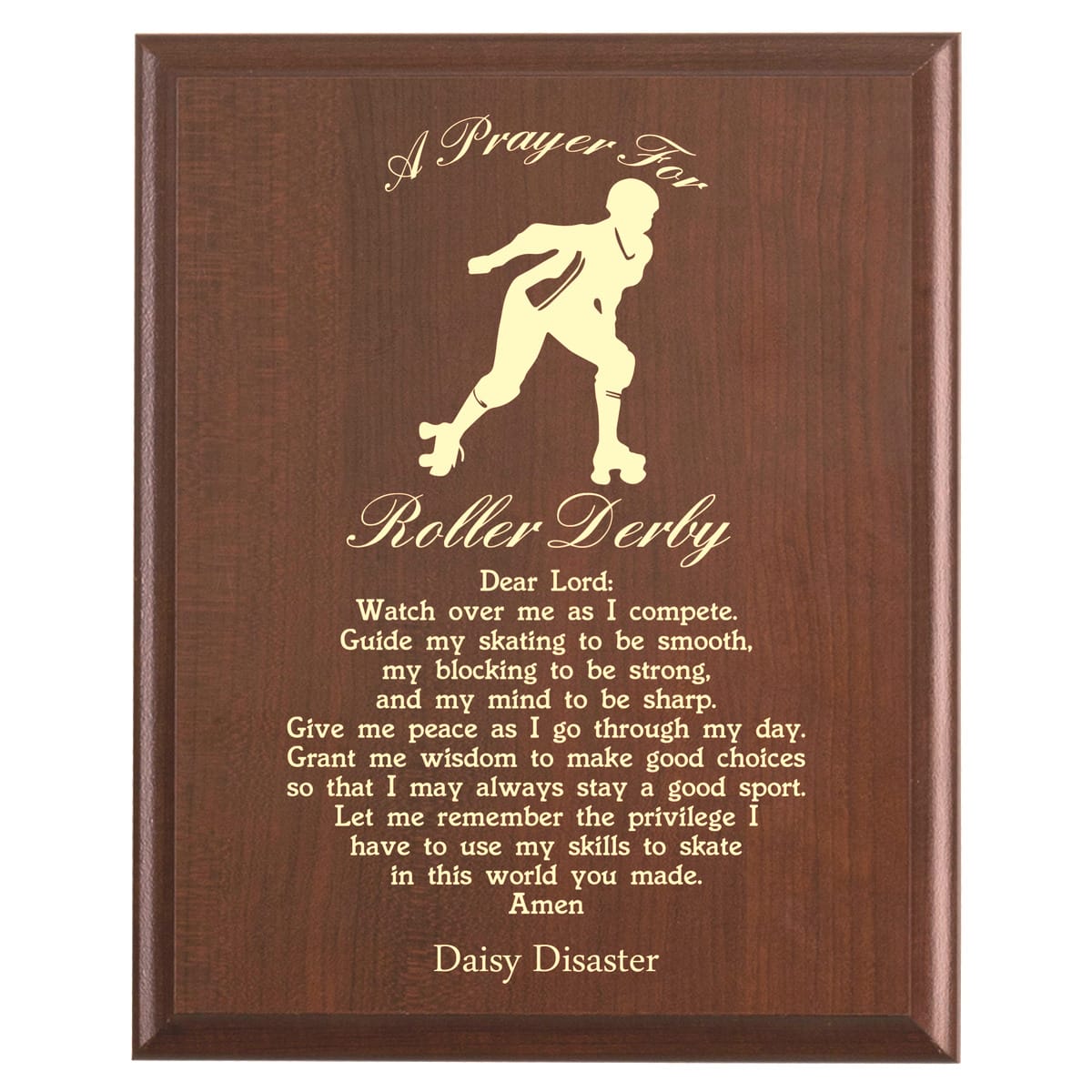 Plaque photo: Roller Derby Prayer Plaque design with free personalization. Wood style finish with customized text.