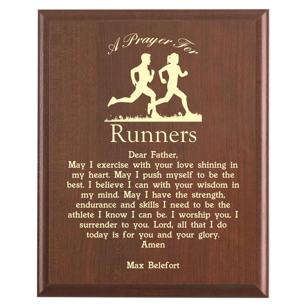 Plaque photo: Jogger Prayer Plaque design with free personalization. Wood style finish with customized text.