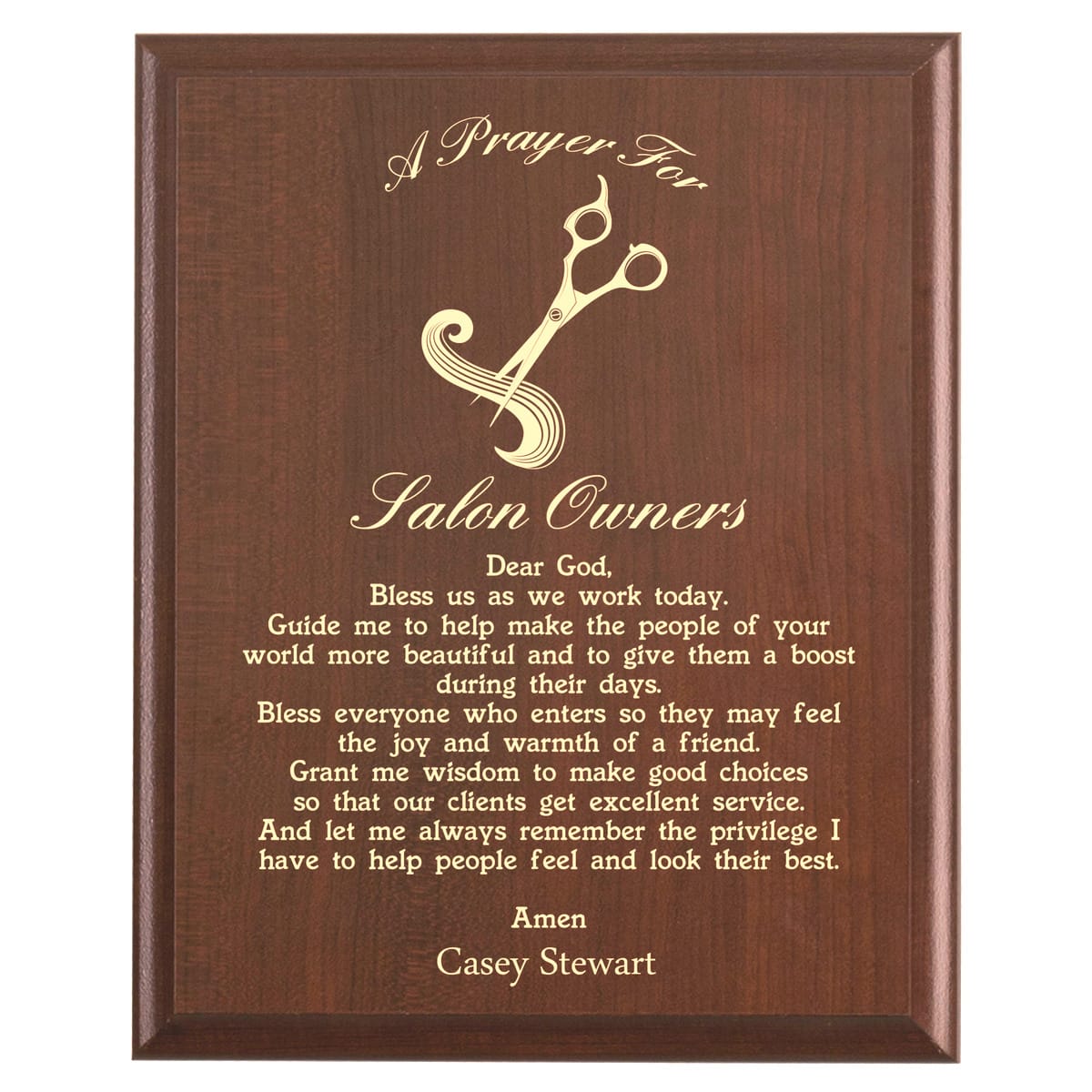 Plaque photo: Hair Salon Prayer Plaque design with free personalization. Wood style finish with customized text.