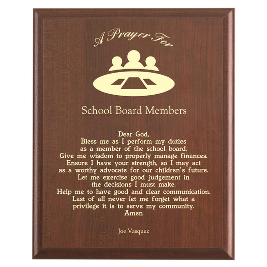 Plaque photo: School Board Member Prayer Plaque design with free personalization. Wood style finish with customized text.