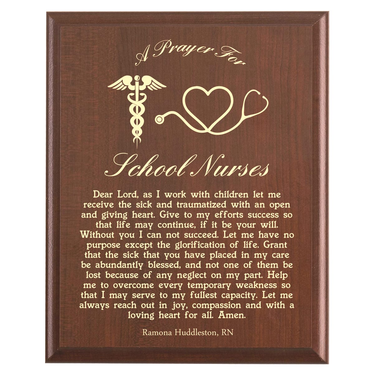 Plaque photo: School Nurse Prayer Plaque design with free personalization. Wood style finish with customized text.