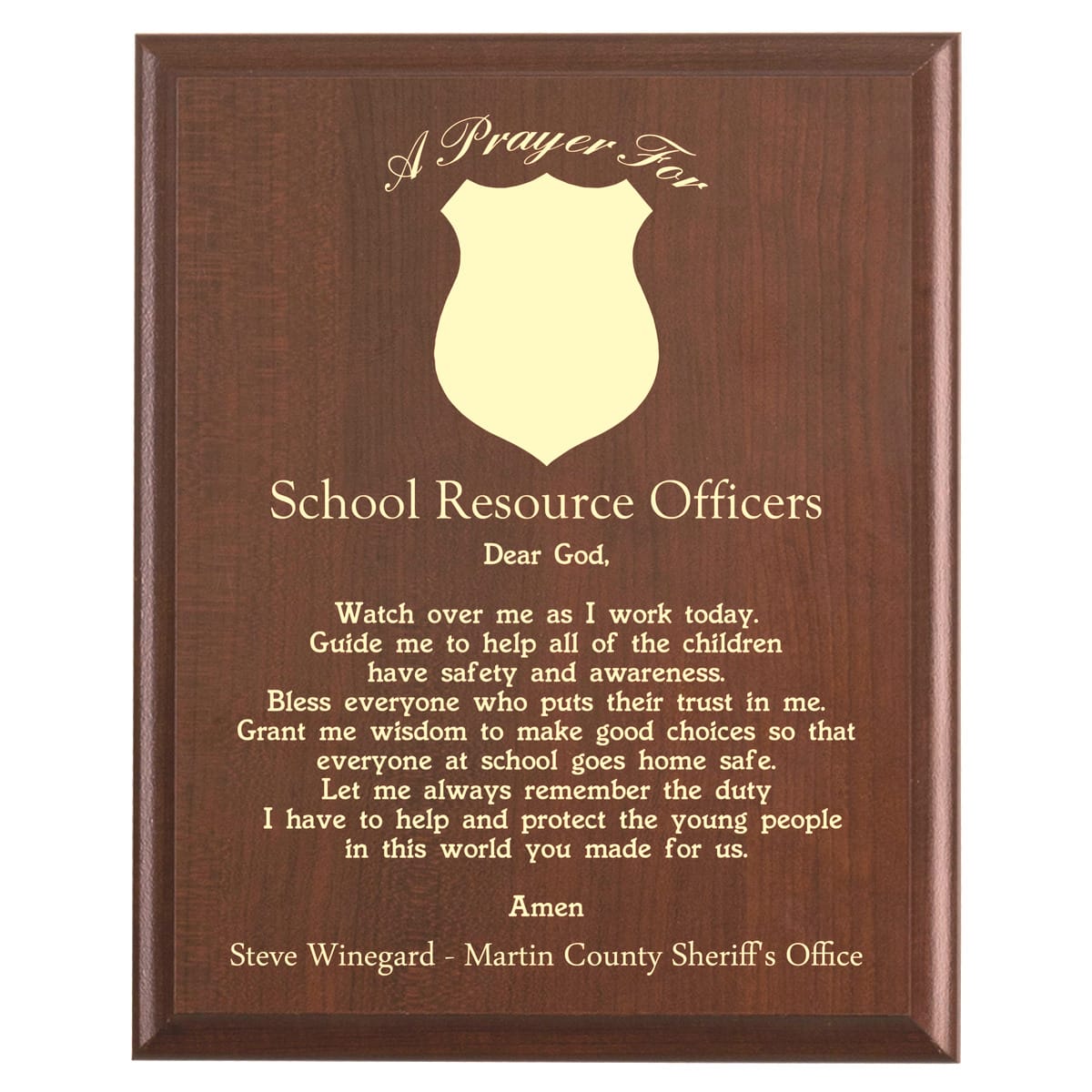 Plaque photo: School Resource Officer Prayer Plaque design with free personalization. Wood style finish with customized text.
