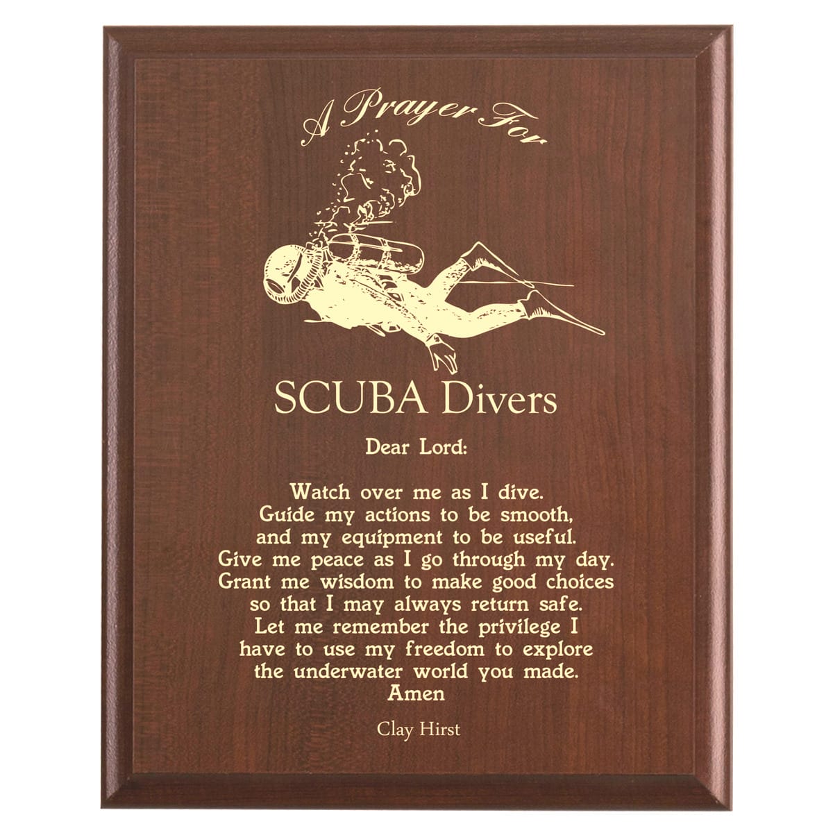 Plaque photo: SCUBA Diver Prayer Plaque design with free personalization. Wood style finish with customized text.