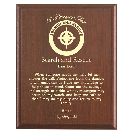 Plaque photo: Search & Rescue Prayer Plaque design with free personalization. Wood style finish with customized text.